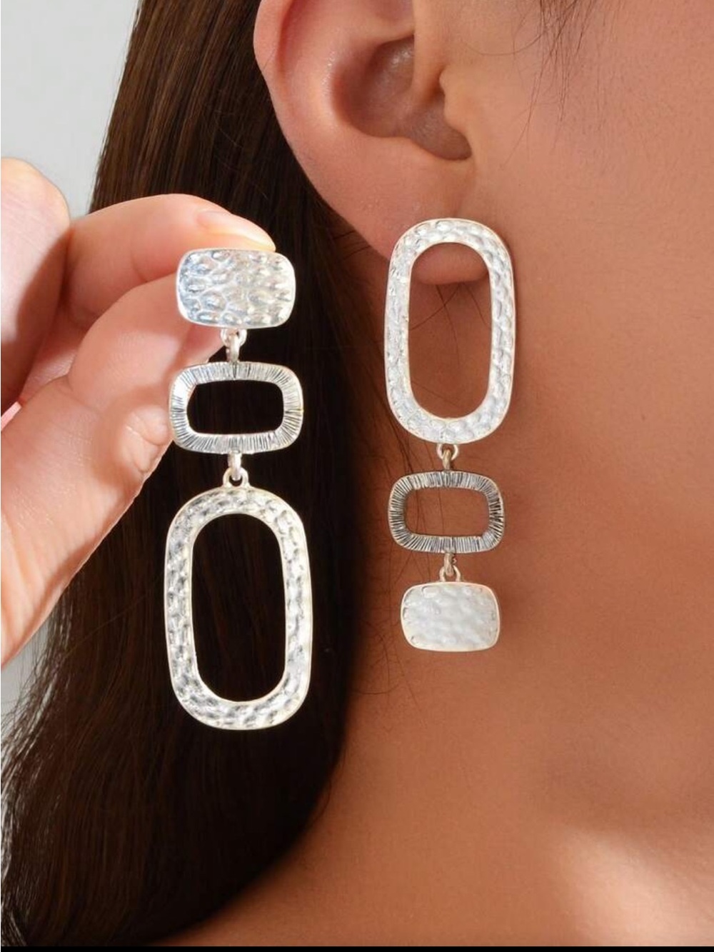 Silver Textured Geometric Drop Earrings - Women Jewelry - Picture 2 of 5